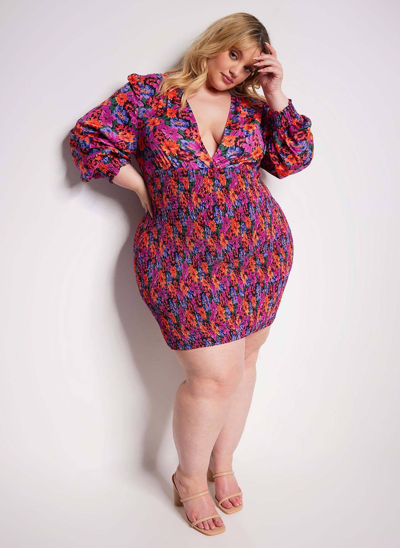 Daphne Floral Print Long Sleeve Smocked Mini Bodycon Dress