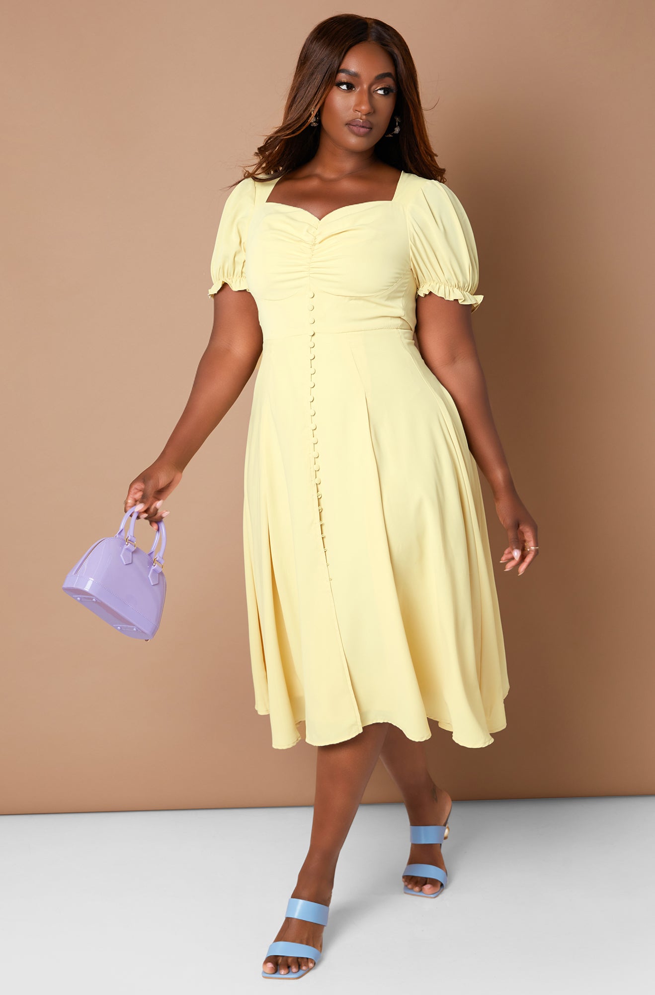 Yellow Denise Mercedes X REBDOLLS Day Dreaming Button Detail Midi A Line Dress Plus Sizes