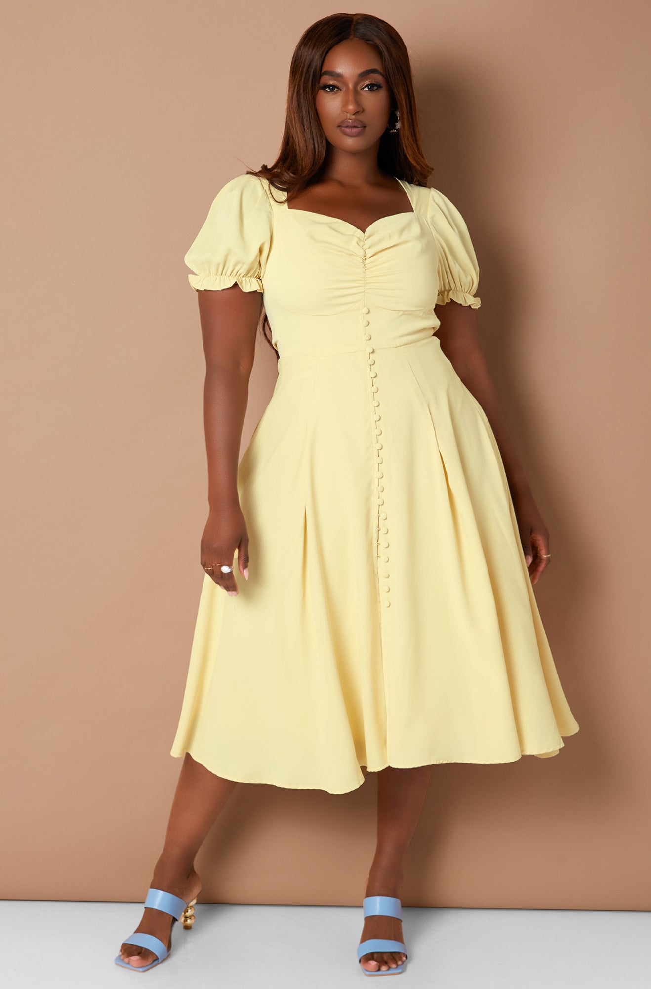 Yellow Denise Mercedes X REBDOLLS Day Dreaming Button Detail Midi A Line Dress Plus Sizes