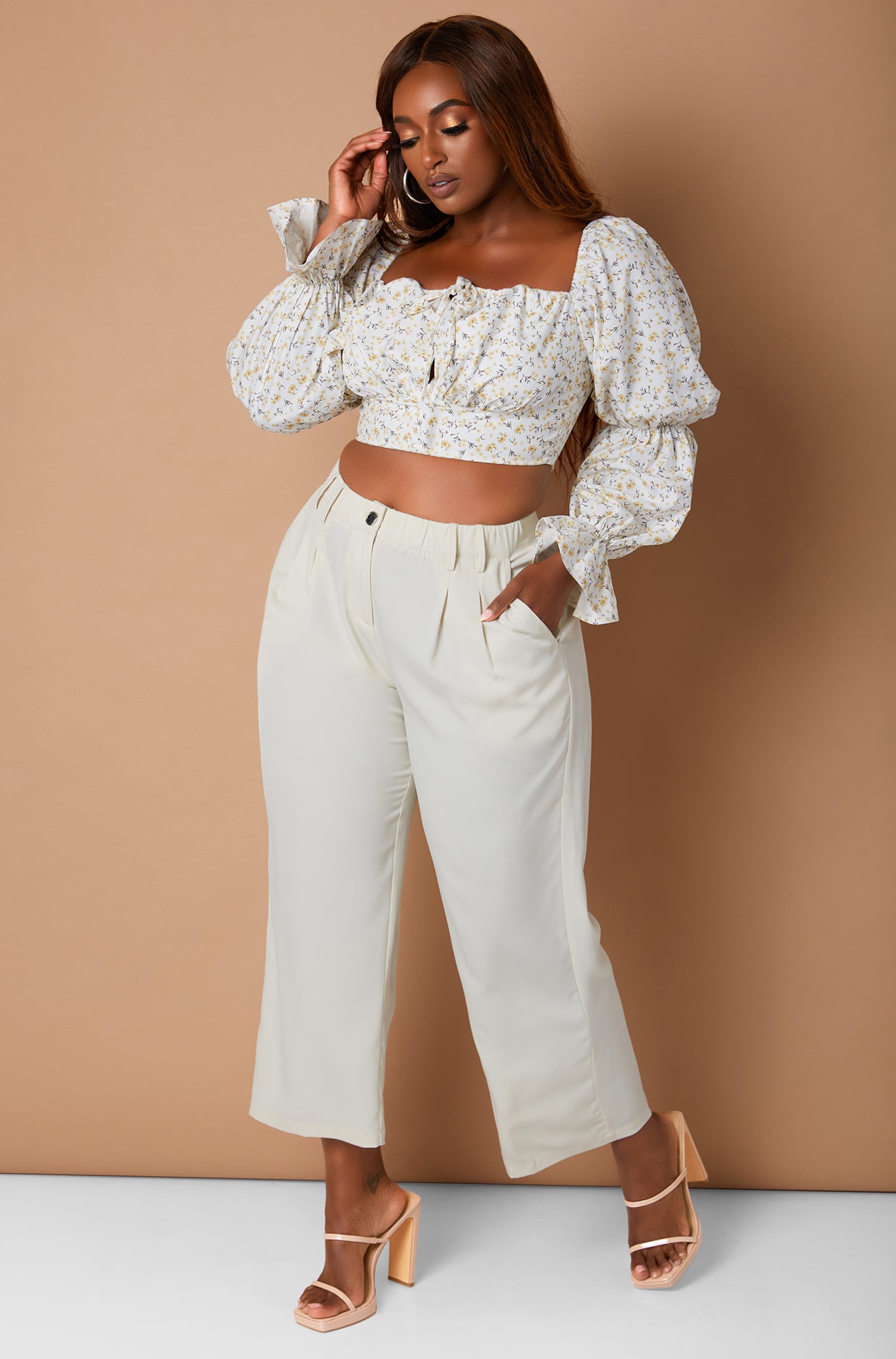 White Denise Mercedes X REBDOLLS Destined For You Tie Front Tiered Sleeve Peasant Crop Top Plus Sizes