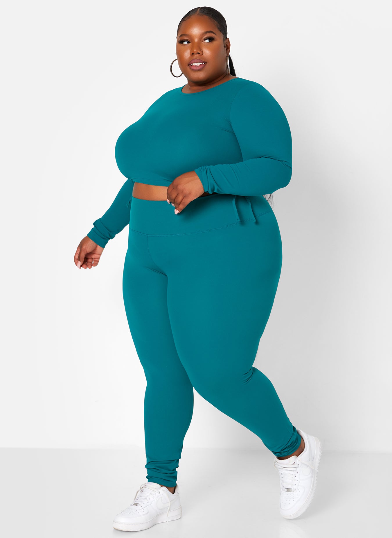 Teal Don`t Look Too Hard Ruched Long Sleeve Sports Crop Top Plus Sizes