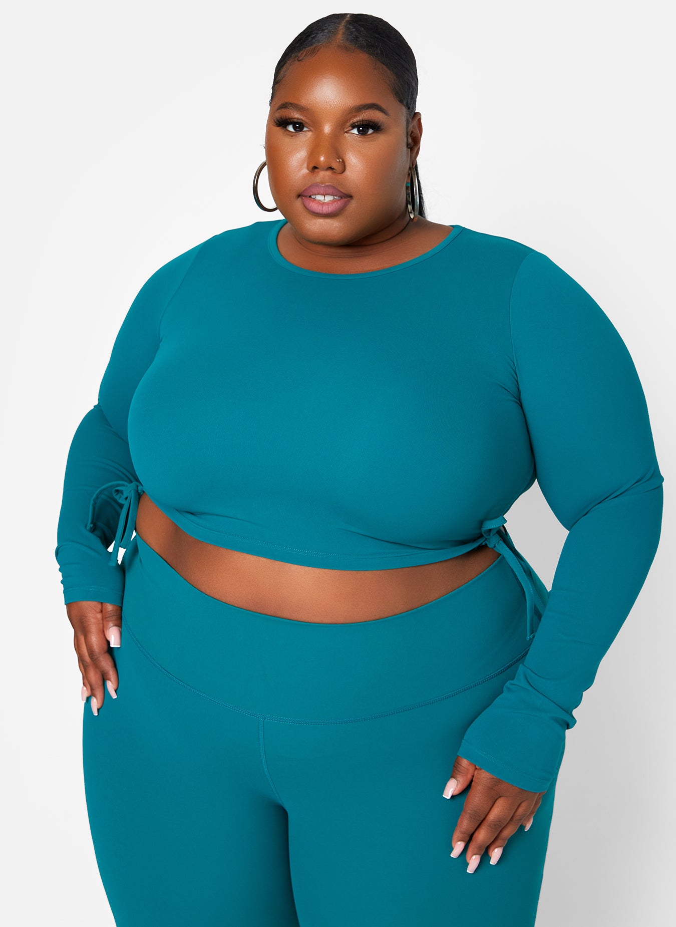 Teal Don`t Look Too Hard Ruched Long Sleeve Sports Crop Top Plus Sizes