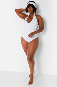 White Wrap Around V-Neck Swimsuit w. Turban plus size