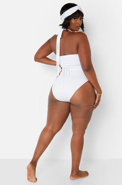 White Wrap Around V-Neck Swimsuit w. Turban plus size