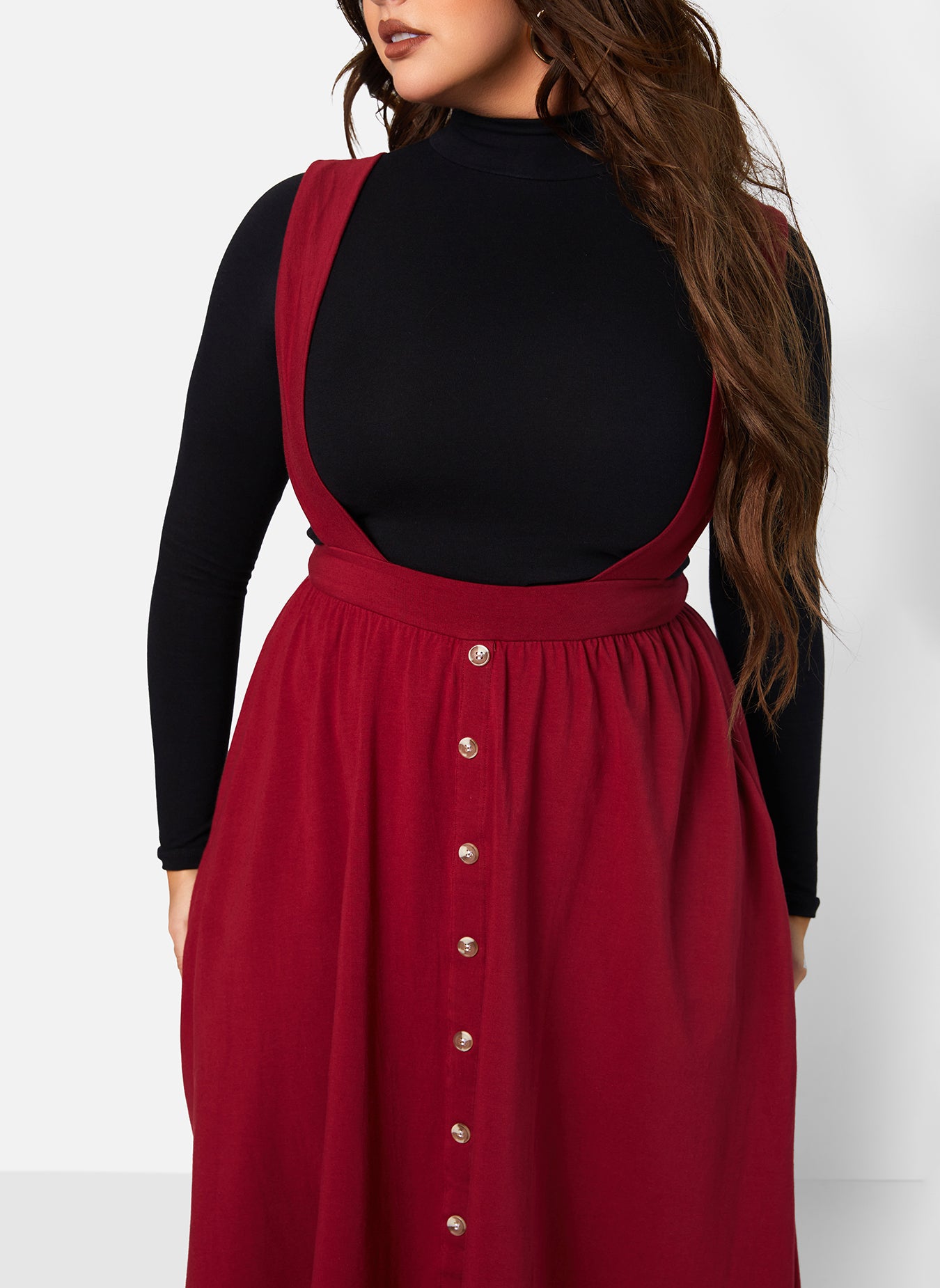 Burgundy Drew Suspender Button Front Midi A Line Skirt Plus Sizes