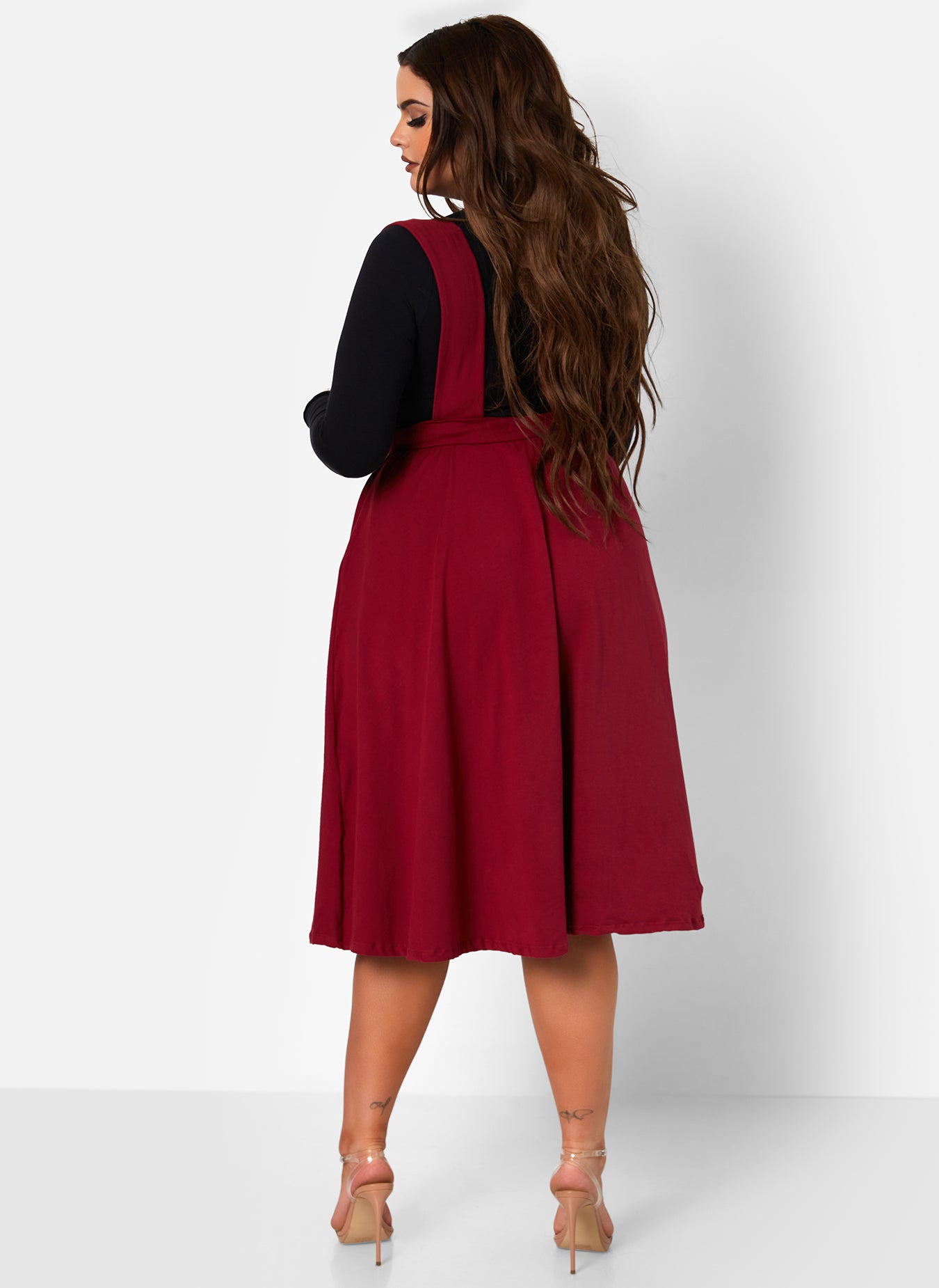 Burgundy Drew Suspender Button Front Midi A Line Skirt Plus Sizes