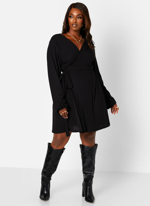 Easy Choice Ribbed Puff Sleeve Mini Wrap Dress - Black