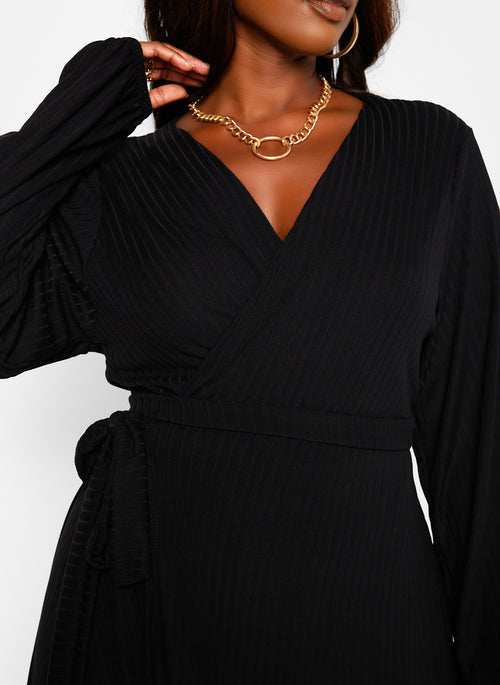 Easy Choice Ribbed Puff Sleeve Mini Wrap Dress - Black