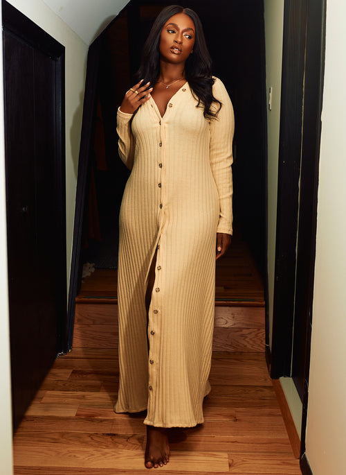 Beige Ella Ribbed Button Closure Maxi Dress Plus Sizes