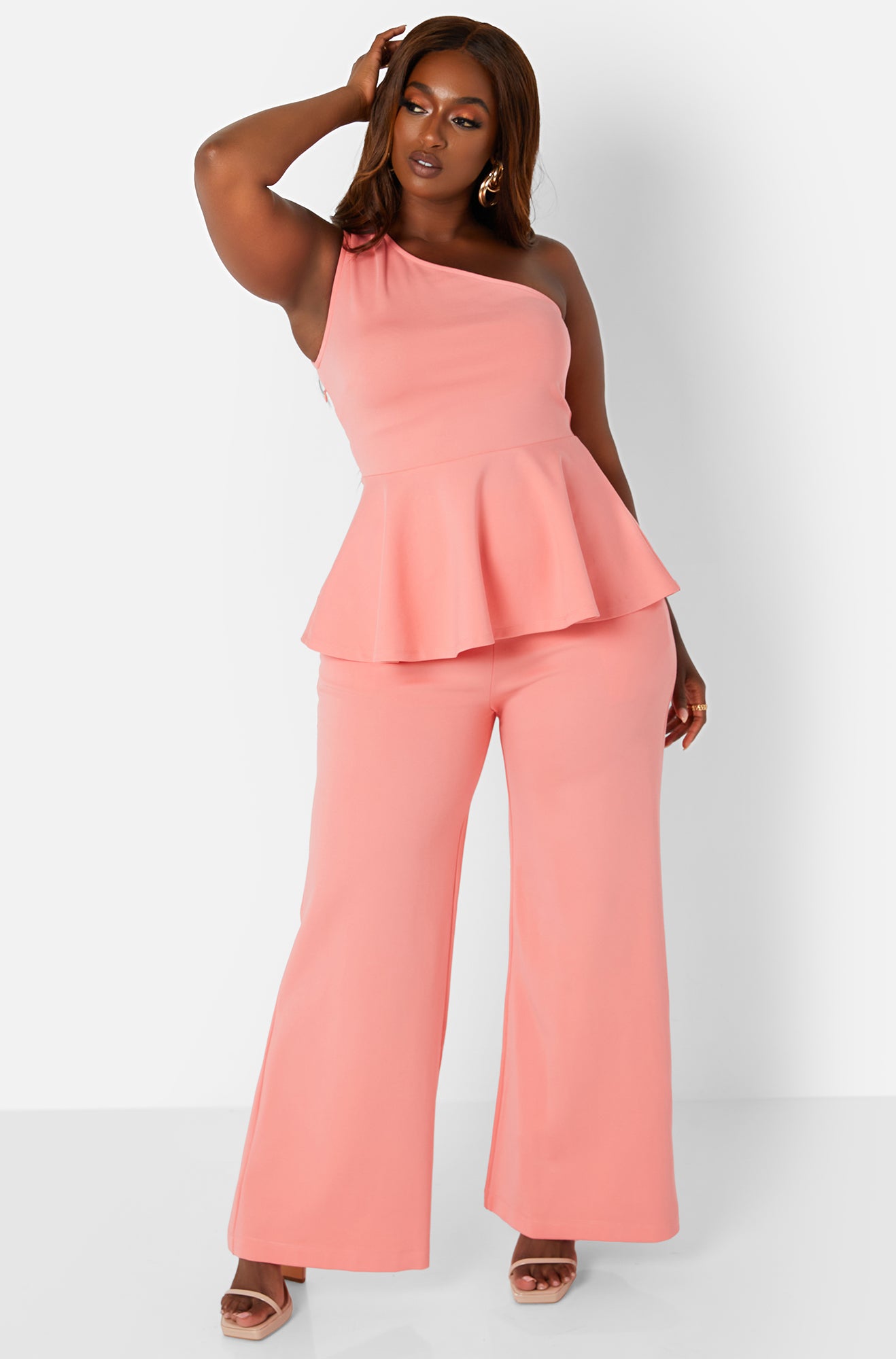 Pink Elle One Shoulder Peplum Blouse Plus Sizes