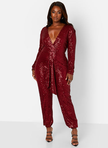 Burgundy Empowered V-Neck Long Sleeve Sequin Jumpsuit Plus Sizes