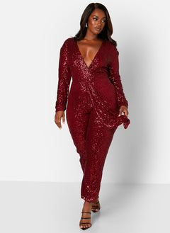 Burgundy Empowered V-Neck Long Sleeve Sequin Jumpsuit Plus Sizes