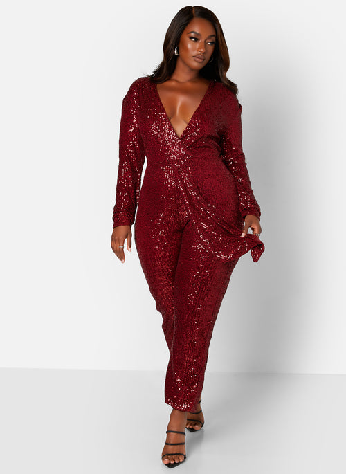 Burgundy Empowered V-Neck Long Sleeve Sequin Jumpsuit Plus Sizes