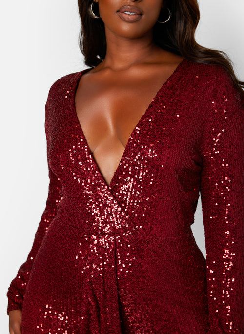 Burgundy Empowered V-Neck Long Sleeve Sequin Jumpsuit Plus Sizes