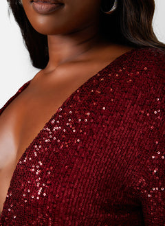 Burgundy Empowered V-Neck Long Sleeve Sequin Jumpsuit Plus Sizes