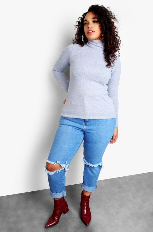 Gray Plus Size Ribbed Turtleneck Long Sleeve Top