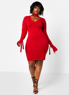 Enticing Turtleneck Cut Out Tie Cuff Mini Bodycon Dress
