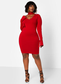 Enticing Turtleneck Cut Out Tie Cuff Mini Bodycon Dress