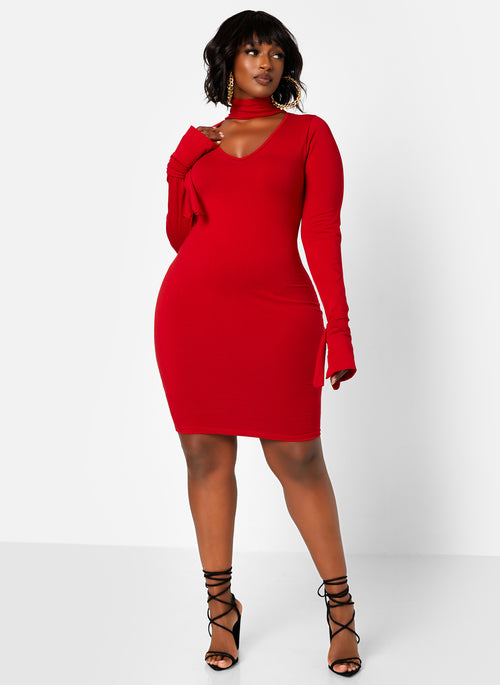 Enticing Turtleneck Cut Out Tie Cuff Mini Bodycon Dress