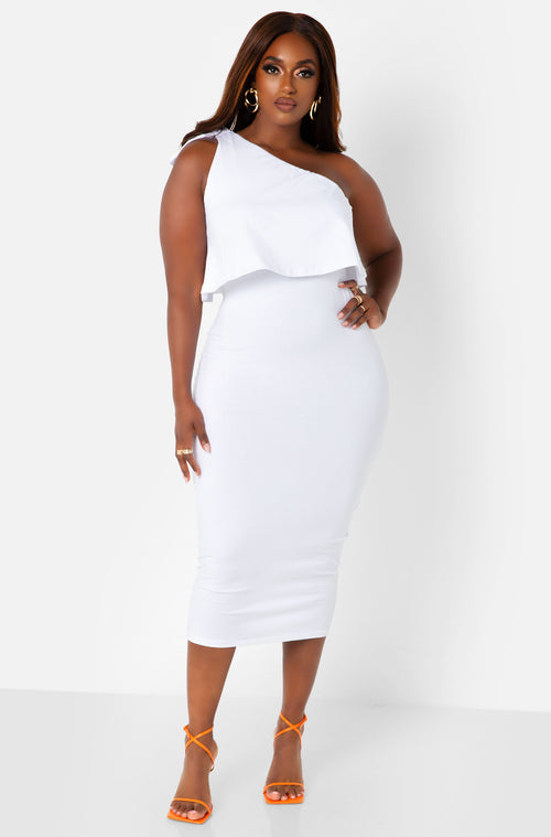 White Essence Ruffle Midi Bodycon Dress Plus Sizes