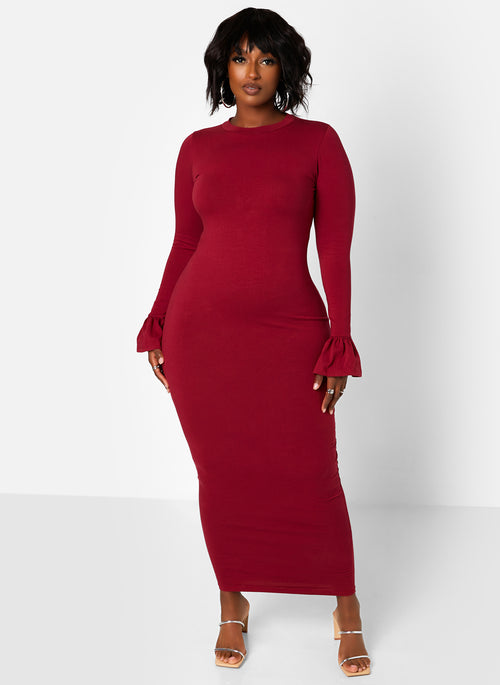 Essential Bell Sleeve Maxi Bodycon Dress - Burgundy