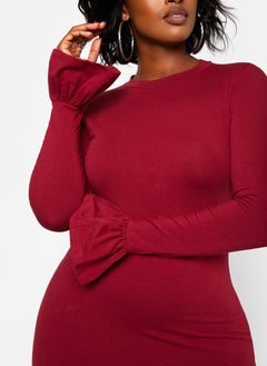 Essential Bell Sleeve Maxi Bodycon Dress - Burgundy