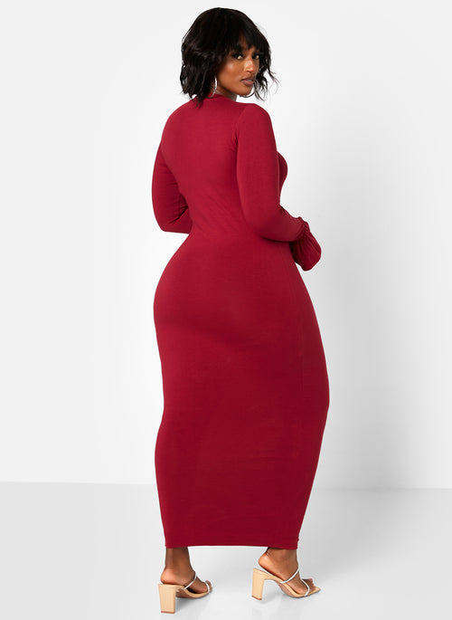 Essential Bell Sleeve Maxi Bodycon Dress - Burgundy