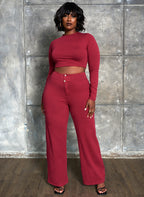 Essential Long Sleeve Crop Top & Wide Leg Pant Set - Burgundy
