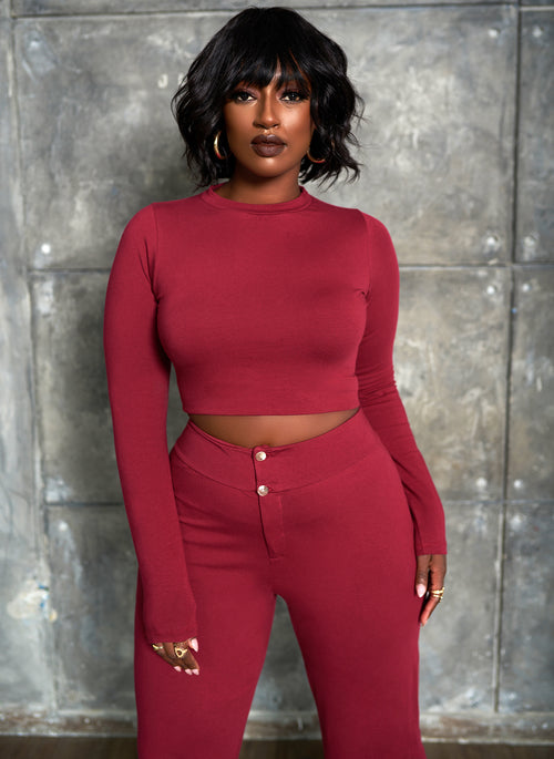 Essential Long Sleeve Crop Top & Wide Leg Pant Set - Burgundy