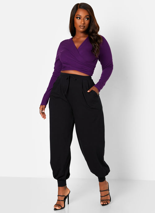Black Essential Tie Waist Joggers W. Pockets Plus Sizes