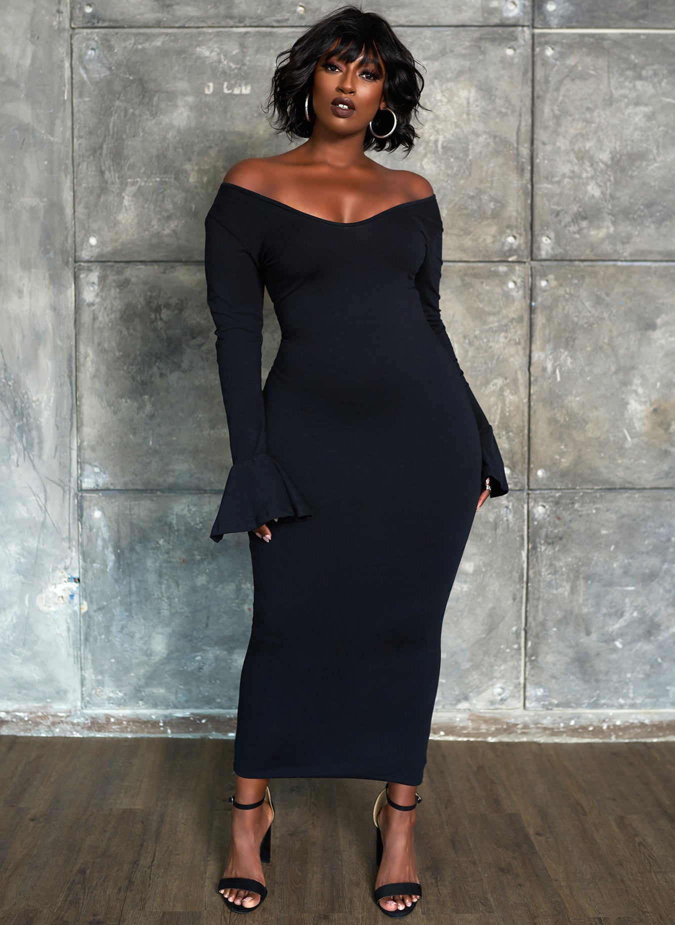 Essential Off The Shoulder Bell Sleeve Maxi Bodycon Dress - Black
