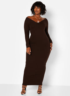 Essential Off The Shoulder Long Sleeve Maxi Bodycon Dress - Brown