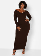 Essential Off The Shoulder Long Sleeve Maxi Bodycon Dress - Brown
