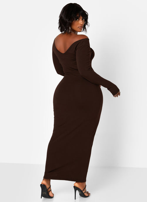 Essential Off The Shoulder Long Sleeve Maxi Bodycon Dress - Brown