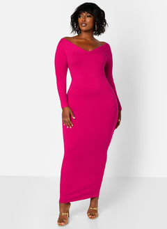Essential Off The Shoulder Long Sleeve Maxi Bodycon Dress - Fuchsia
