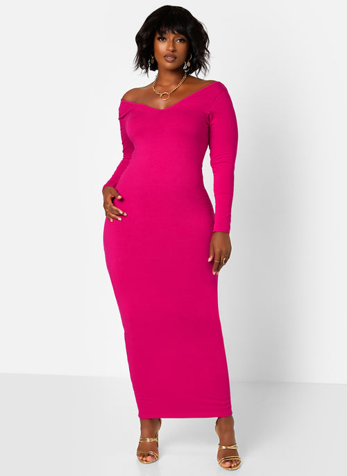 Essential Off The Shoulder Long Sleeve Maxi Bodycon Dress - Fuchsia