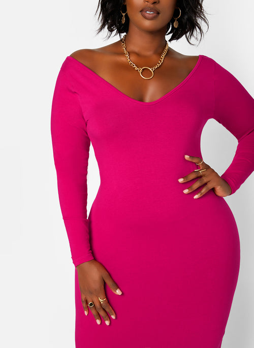 Essential Off The Shoulder Long Sleeve Maxi Bodycon Dress - Fuchsia