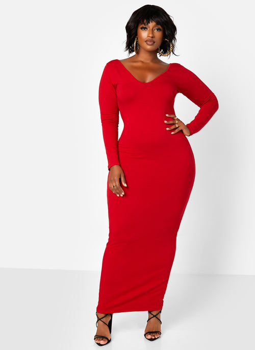 Essential Off The Shoulder Long Sleeve Maxi Bodycon Dress - Red