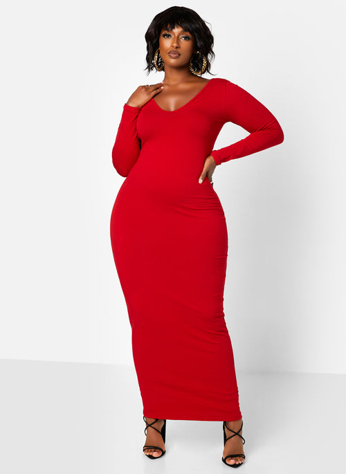 Essential Off The Shoulder Long Sleeve Maxi Bodycon Dress - Red