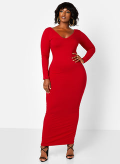 Essential Off The Shoulder Long Sleeve Maxi Bodycon Dress - Red
