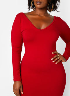Essential Off The Shoulder Long Sleeve Maxi Bodycon Dress - Red