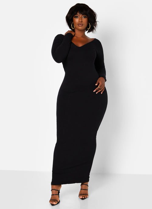 Essential Off The Shoulder Long Sleeve Maxi Bodycon Dress - Black