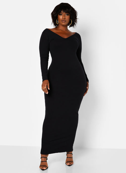 Essential Off The Shoulder Long Sleeve Maxi Bodycon Dress - Black