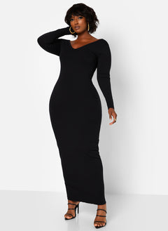 Essential Off The Shoulder Long Sleeve Maxi Bodycon Dress - Black