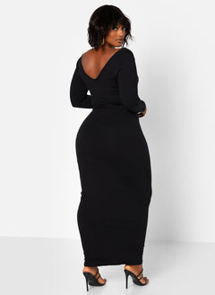 Essential Off The Shoulder Long Sleeve Maxi Bodycon Dress - Black