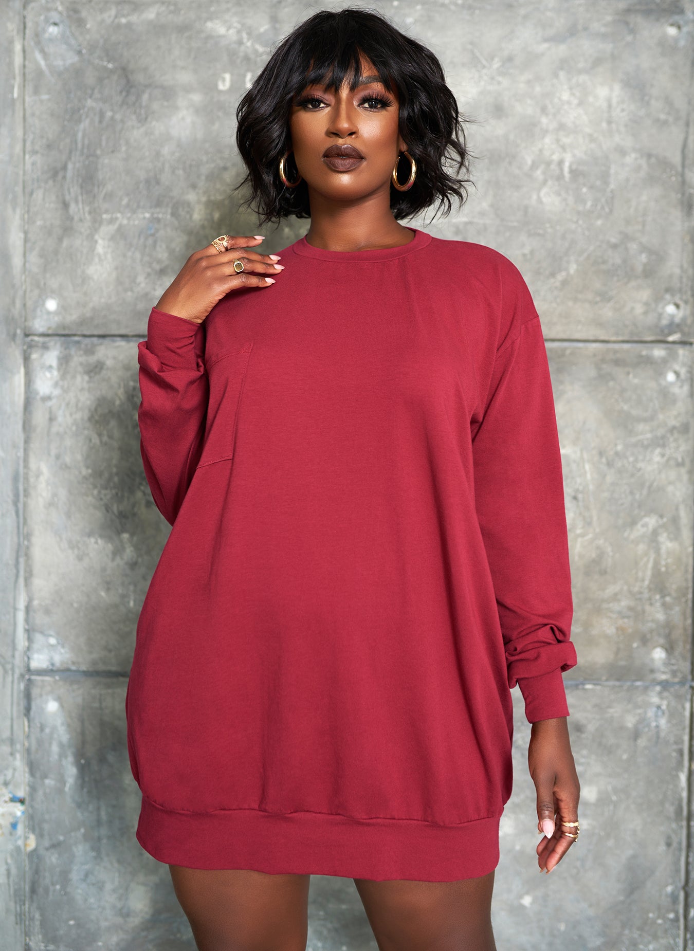 Essential Oversized Long Sleeve Mini T Shirt Dress - Wine