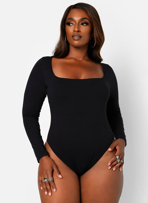 Essential Square Neck Long Sleeve Bodysuit - Black