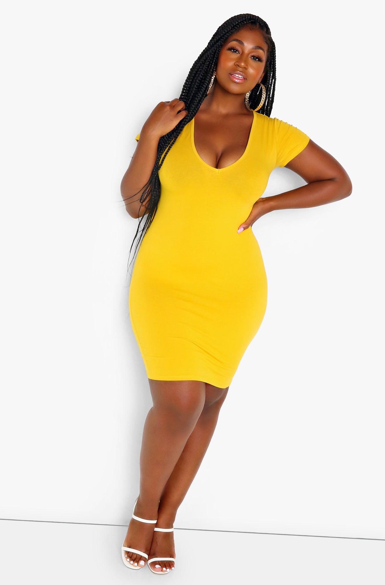 Mustard Essential Short Sleeve V-Neck Bodycon Mini Dress Plus Size