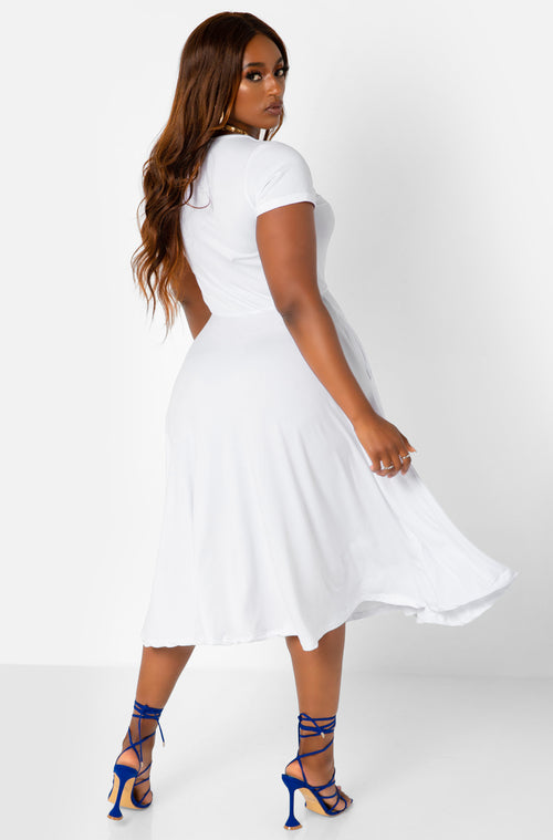 White Essential V-Neck Skater Midi Dress W. Pockets Plus Sizes