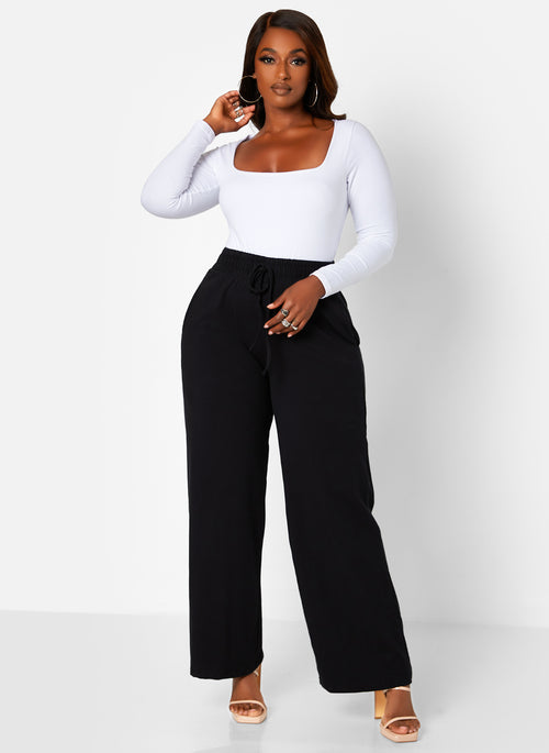 Black Essential Tie Waist Wide Leg Pants W. Pockets Plus Sizes
